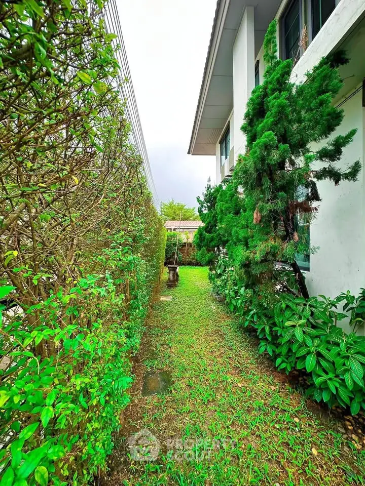 Charming garden pathway beside modern building with lush greenery and serene ambiance.
