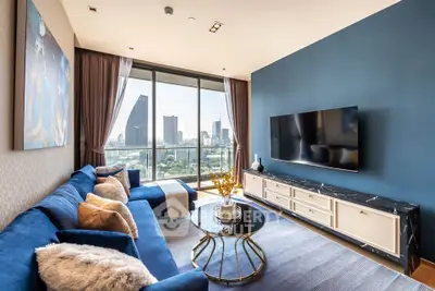 Luxurious living room with stunning city view and modern decor