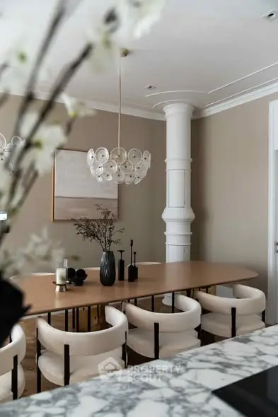 Elegant dining room with modern decor and marble countertop
