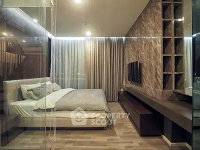 Luxurious modern bedroom with elegant decor and ambient lighting