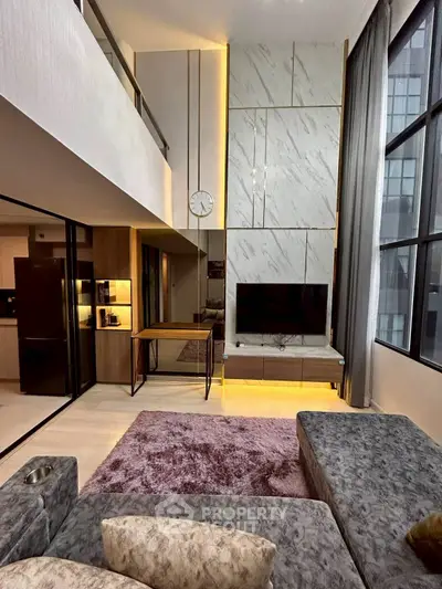 Luxurious modern living room with high ceilings and elegant decor