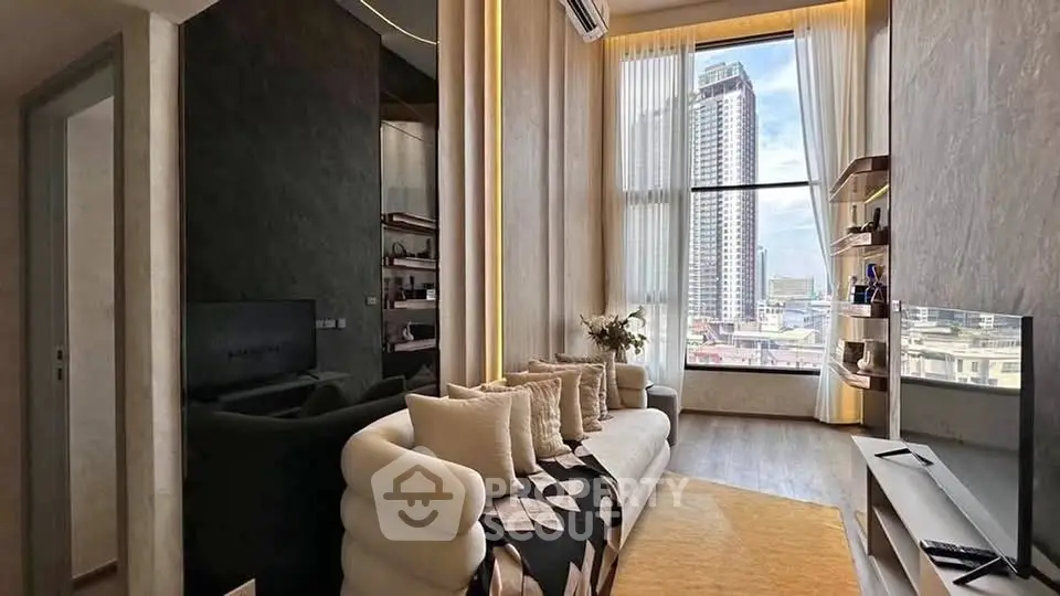 Luxurious modern living room with high ceilings and stunning city view