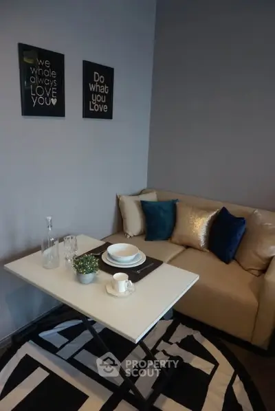 Cozy living room with modern decor and stylish sofa