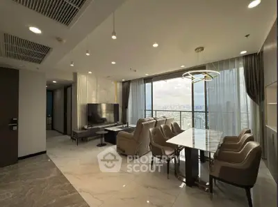 Luxurious modern living room with panoramic city view and elegant dining area