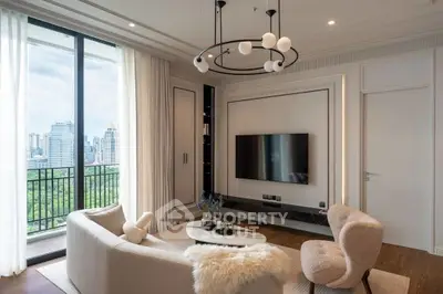 Luxurious living room with modern decor and stunning city view from balcony.