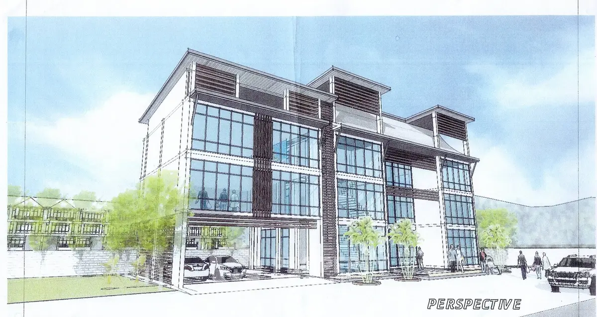Modern architectural rendering of a sleek multi-story building with glass facade and contemporary design.