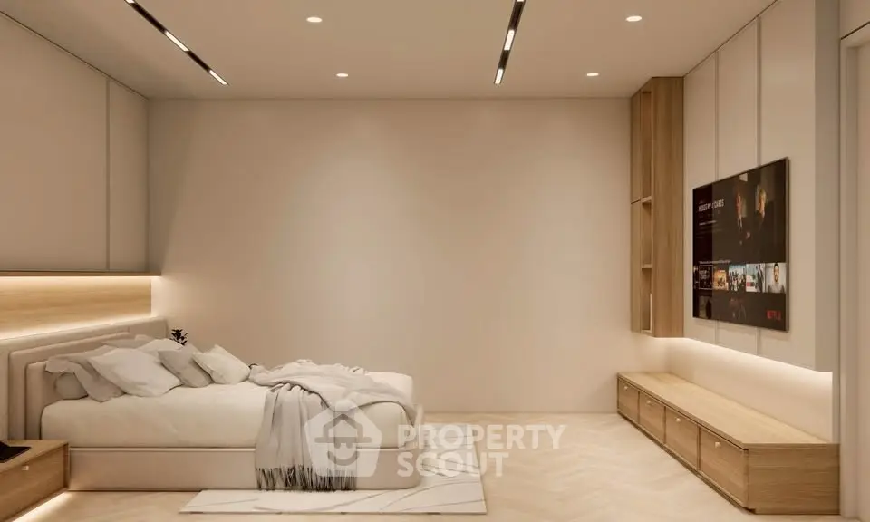 Luxurious modern bedroom with sleek design and ambient lighting