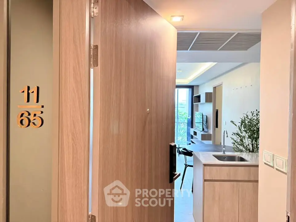 Modern apartment entrance with open kitchen and stylish interior design