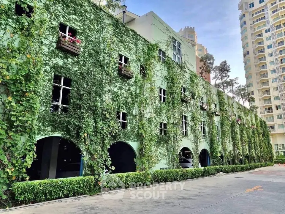 Stunning green building facade with lush ivy and modern architecture.