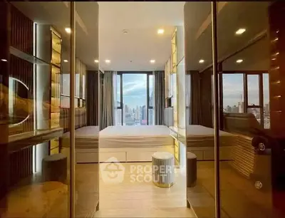 Luxurious bedroom with stunning city view and modern decor