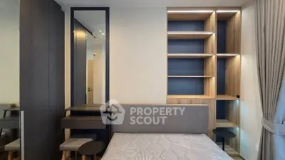 Modern bedroom with stylish shelving and elegant decor