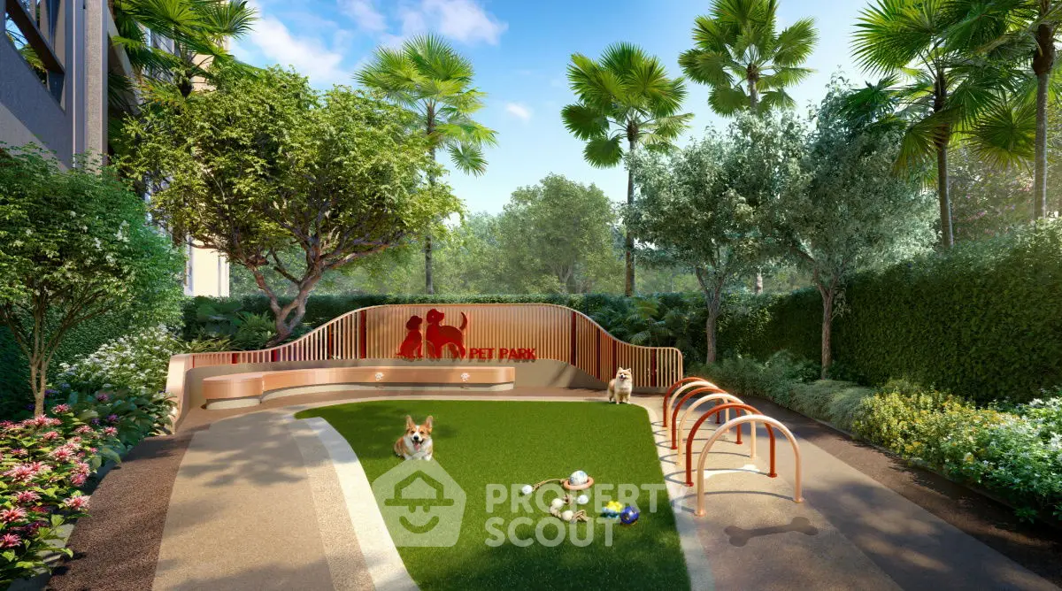 Luxurious pet park with lush greenery and play area in modern residential complex.