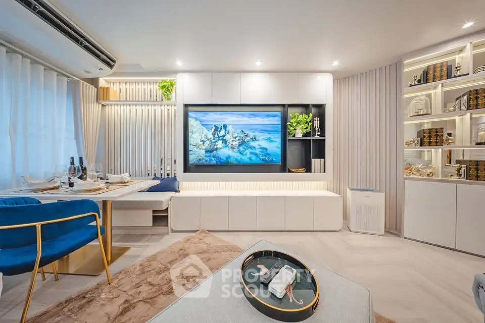 Luxurious modern living room with elegant decor and built-in shelving