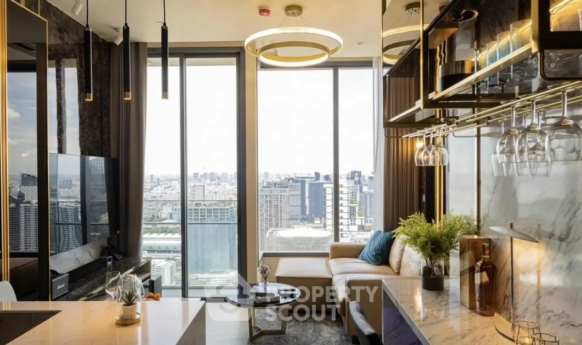 Luxurious modern living room with stunning city view and elegant decor