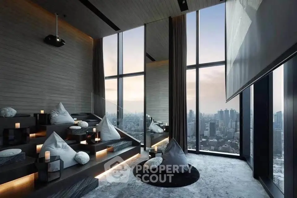 Luxurious modern living room with panoramic city view and stylish seating area.