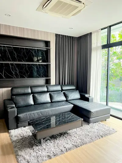 Modern living room with black leather sofa and marble coffee table