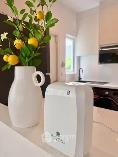 Modern kitchen with sleek appliances and stylish decor, featuring a white vase with vibrant lemons and greenery.
