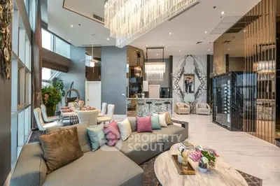 Luxurious modern living room with high ceilings and elegant decor