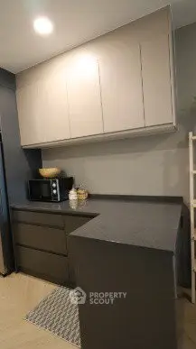 Modern kitchen with sleek cabinetry and microwave, perfect for contemporary living.