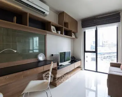 Modern living room with sleek wooden furniture and large window view