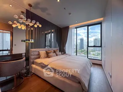 Luxurious bedroom with stunning city view and modern decor