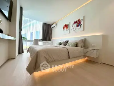 Luxurious modern bedroom with elegant decor and ambient lighting