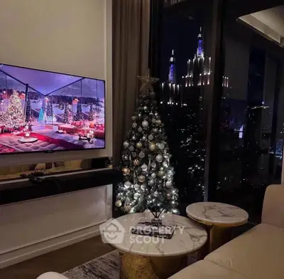 Luxurious living room with festive decor and stunning city view, perfect for holiday gatherings.