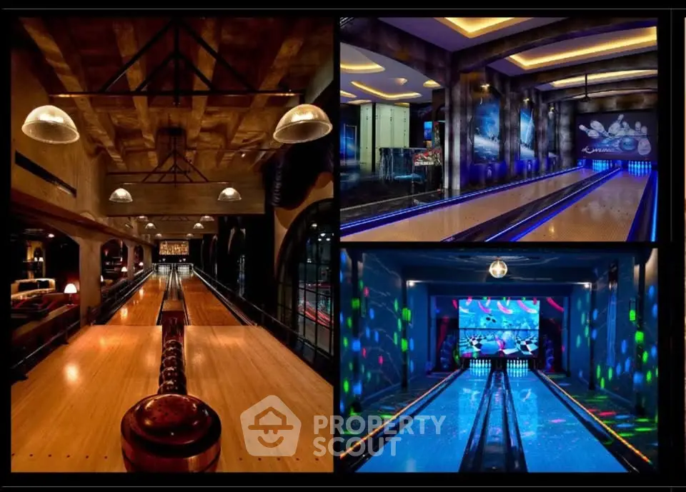 Luxurious bowling alley with ambient lighting in a modern entertainment facility.