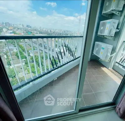 Stunning high-rise balcony with panoramic city view and modern air conditioning units.