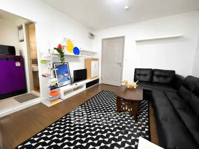 Modern living room with black leather sofa and stylish decor