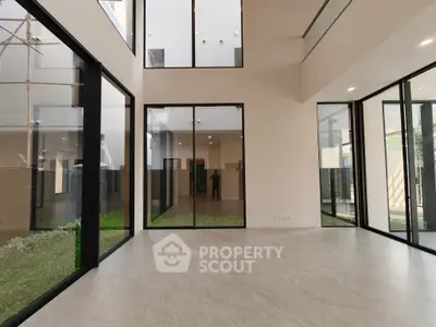 Spacious modern living room with floor-to-ceiling windows and garden view