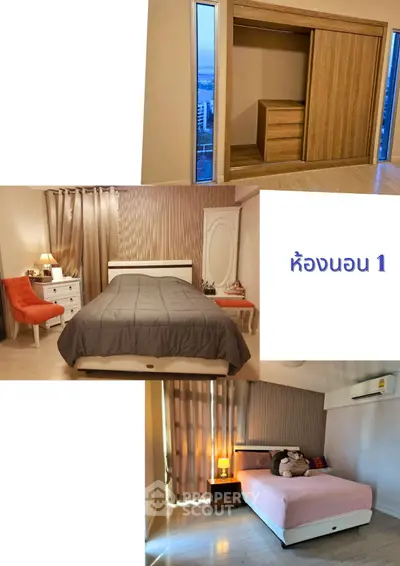 Spacious bedroom with modern decor and ample natural light, featuring a cozy bed and stylish furniture.