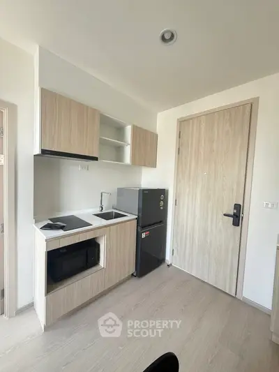 Modern compact kitchen with wooden cabinets and appliances in a cozy apartment.