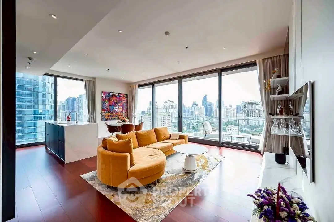 Luxurious modern living room with panoramic city view and stylish decor
