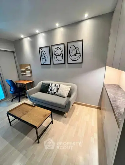 Modern living room with stylish decor and cozy seating area
