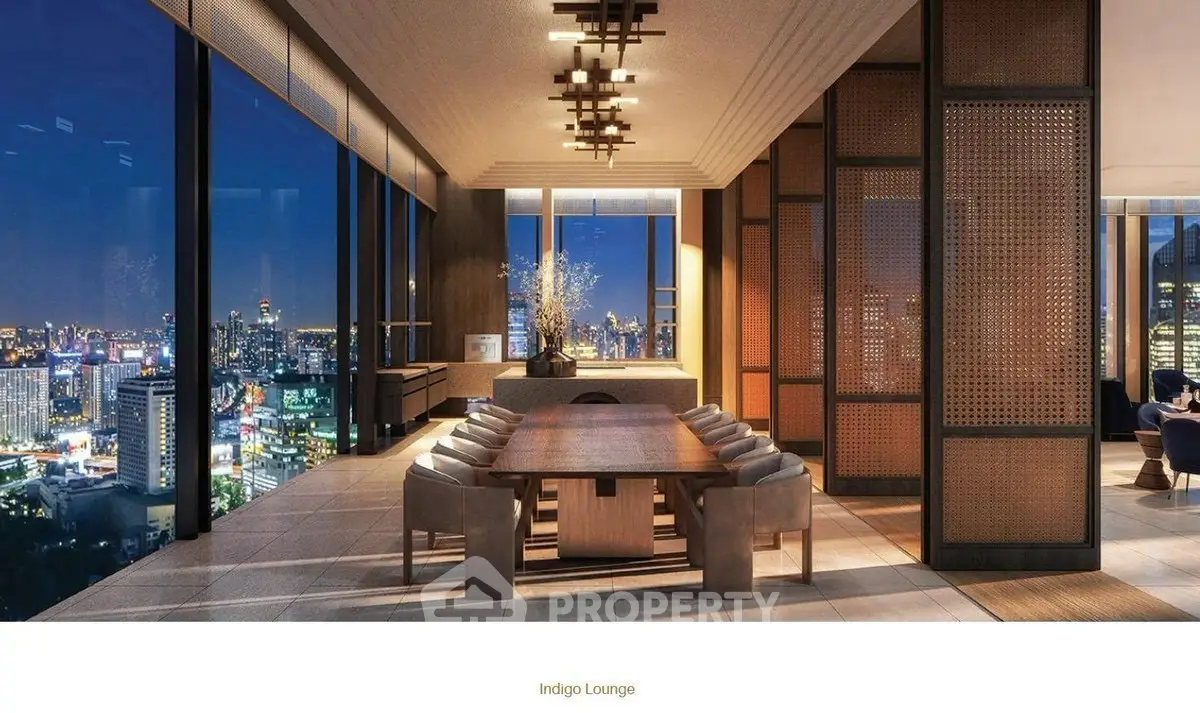 Luxurious high-rise lounge with stunning city view and elegant dining setup.