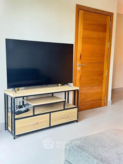 Modern living room with sleek TV stand and wooden door