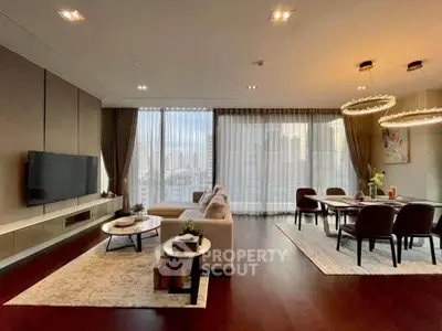 Luxurious modern living room with elegant dining area and stunning city view.
