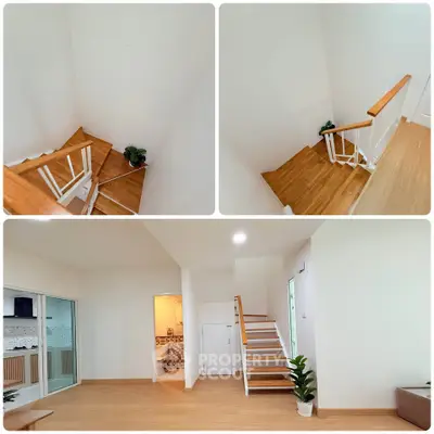 Modern interior with wooden staircase and open living space, featuring sleek design and natural light.