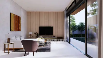 Modern living room with pool view and stylish decor
