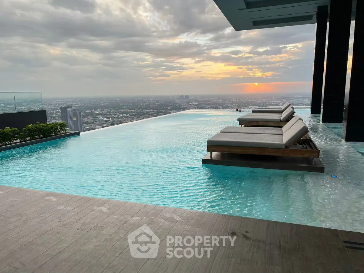Luxurious rooftop infinity pool with stunning city skyline and sunset view.