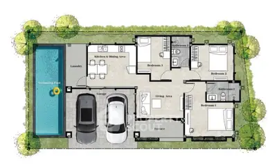 Modern house floor plan with pool, garage, and three bedrooms