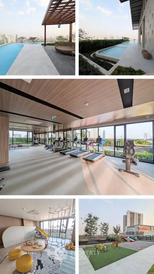 Luxurious rooftop amenities with pool, gym, and play area offering stunning city views.