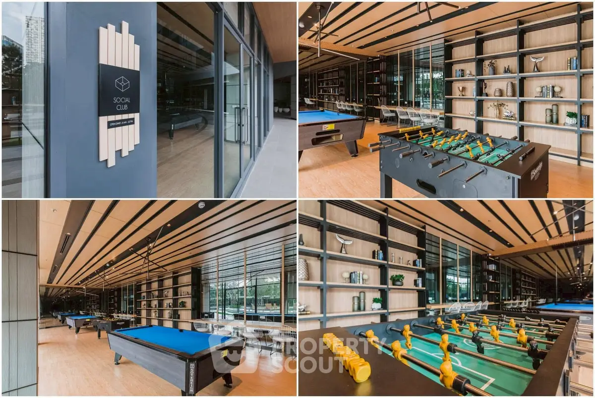 Modern social club with pool and foosball tables, sleek design, and ample natural light.