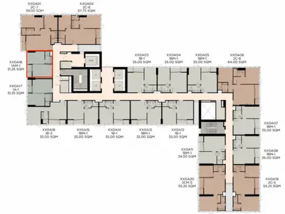 Detailed floor plan of modern apartment complex with various unit sizes and layouts.