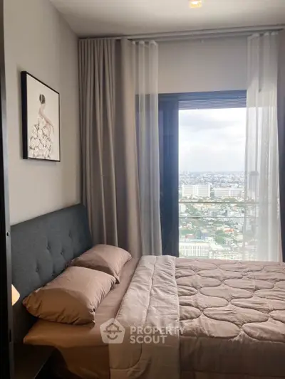 Chic bedroom with stunning city view and modern decor