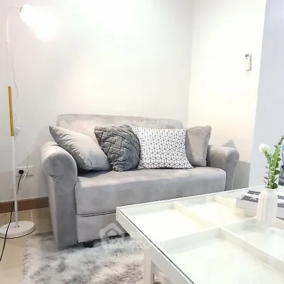 Cozy living room with plush gray sofa and modern decor