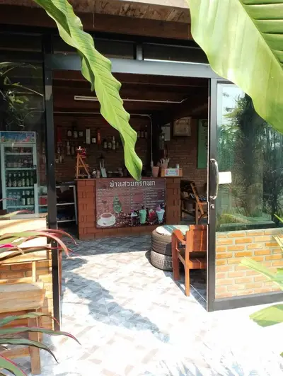 Charming cafe entrance with tropical plants and cozy seating area.