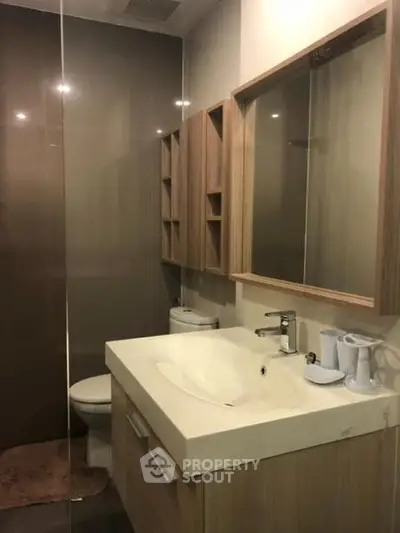 Modern bathroom with sleek design and wooden cabinetry in a contemporary apartment.