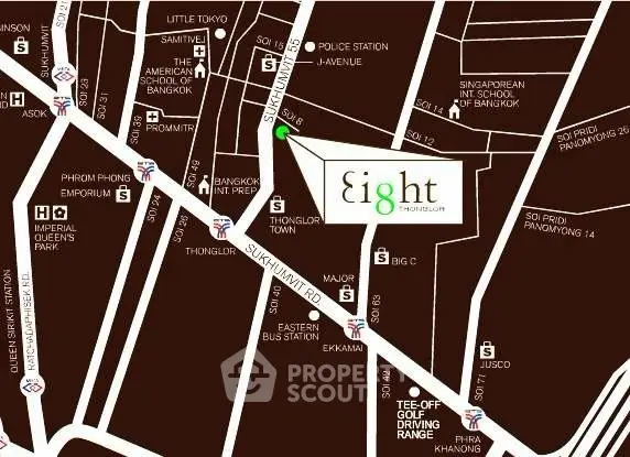 Map showing Eight Thonglor location in Bangkok with nearby landmarks.